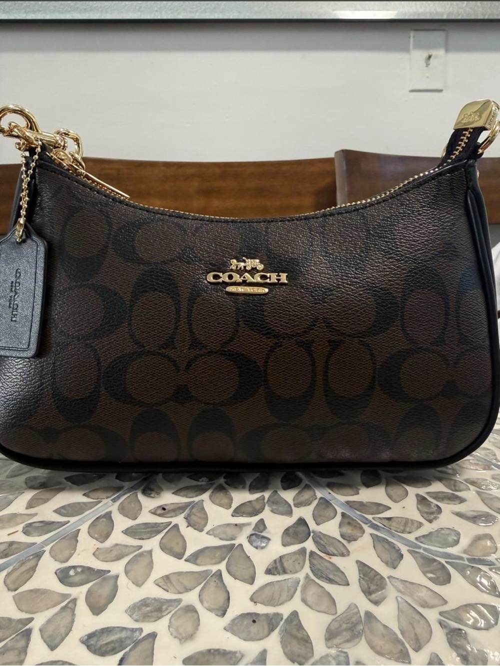 Coach Brown/Black Signature Canvas Shoulder Bag with Gold Hardware